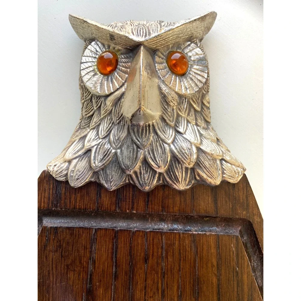 Vintage Ted Arnold LTD Owl Wood Cheese Board  Silver Metal MCM Decor Amber Eyes